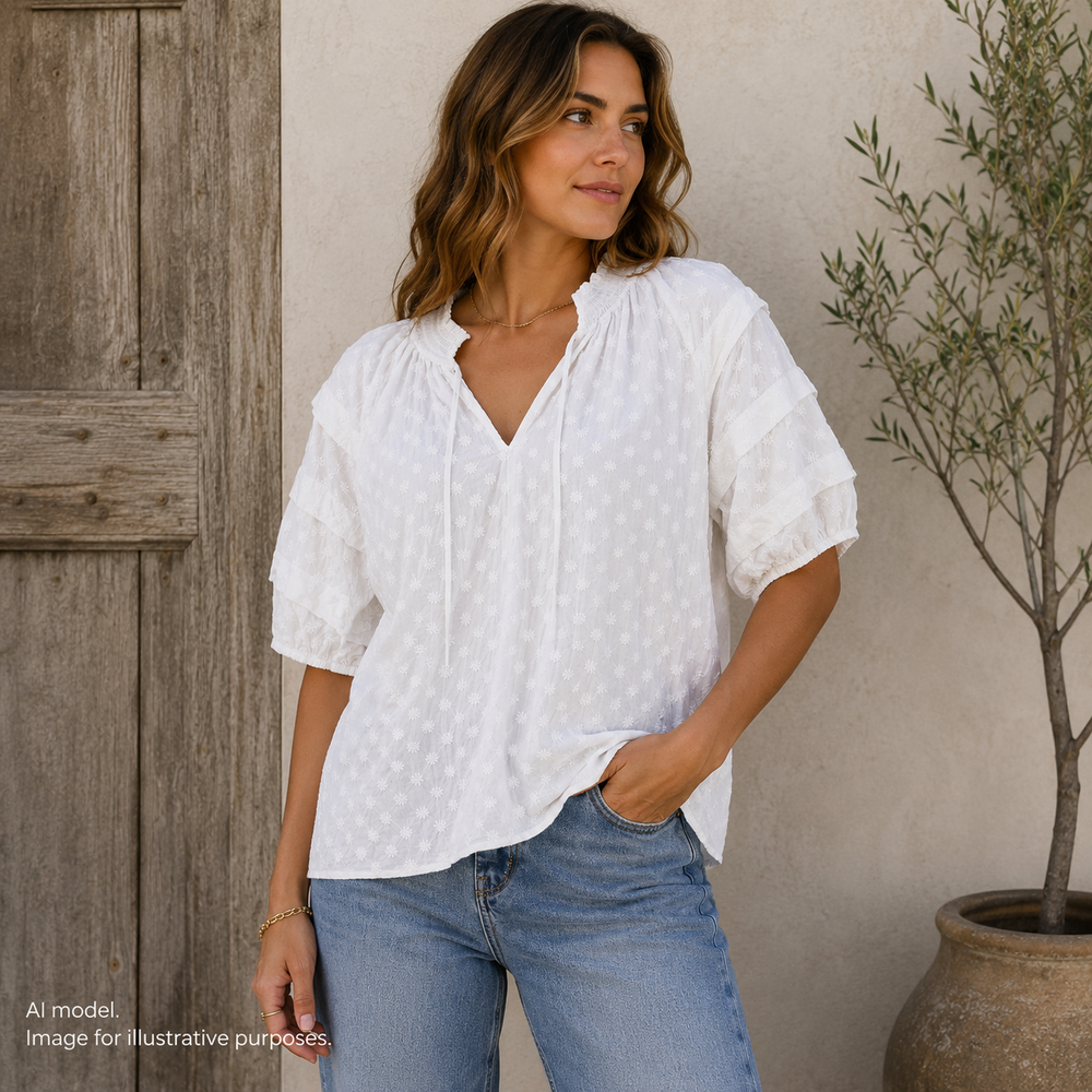 Rails Shirt Womens M White Paris Embroidered Daisies Cotton Boho Smocked Tie Top